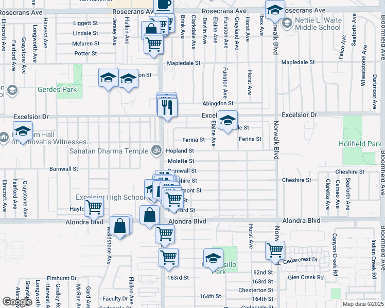 map of restaurants, bars, coffee shops, grocery stores, and more near 11900 Hopland Street in Norwalk