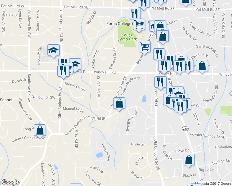 map of restaurants, bars, coffee shops, grocery stores, and more near 2498 Benson Poole Road Southeast in Smyrna