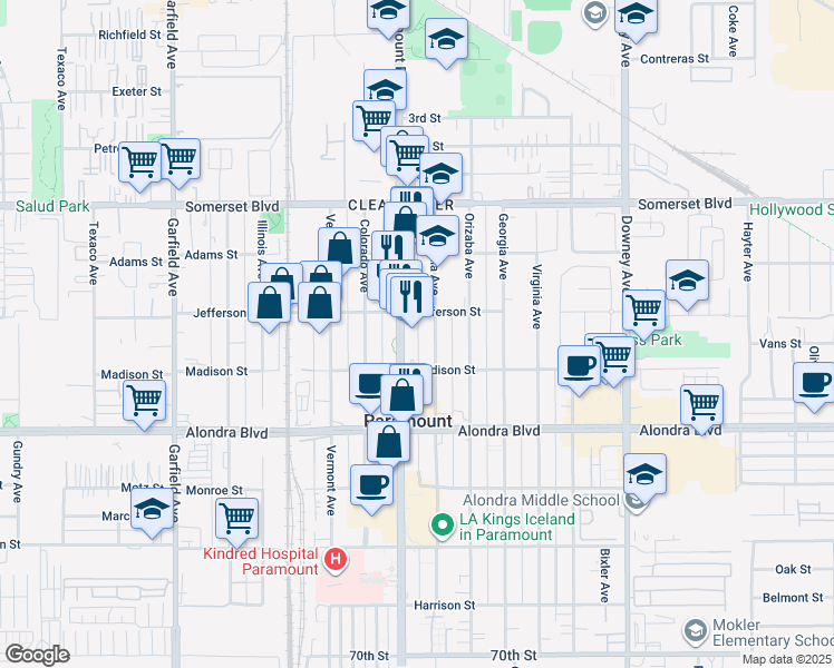 map of restaurants, bars, coffee shops, grocery stores, and more near 15512 Paramount Boulevard in Paramount