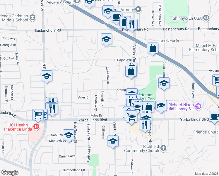 map of restaurants, bars, coffee shops, grocery stores, and more near 17271 Orange Drive in Yorba Linda