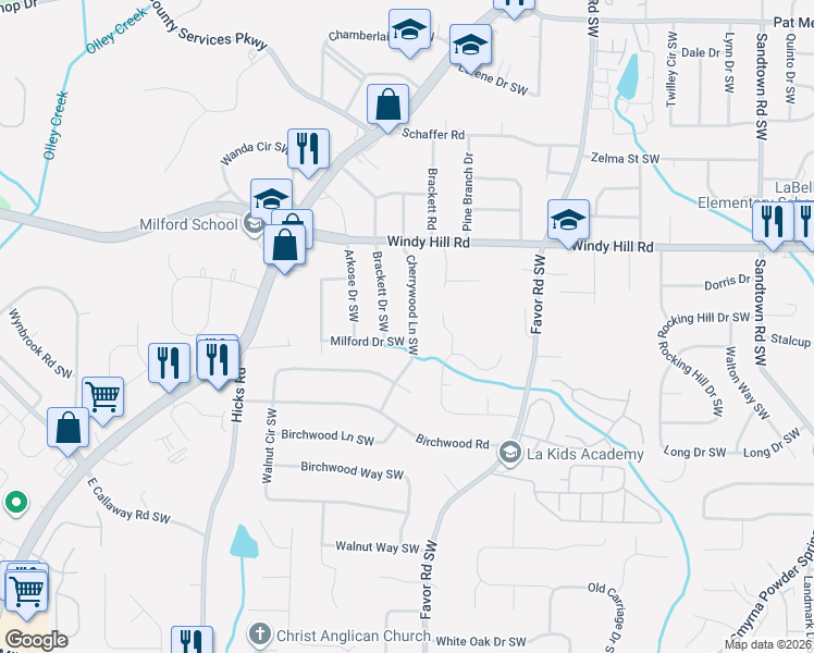 map of restaurants, bars, coffee shops, grocery stores, and more near 2506 Cherrywood Lane Southwest in Marietta