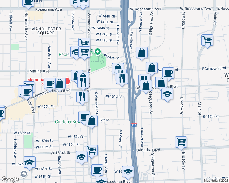 map of restaurants, bars, coffee shops, grocery stores, and more near 716 West Redondo Beach Boulevard in Gardena