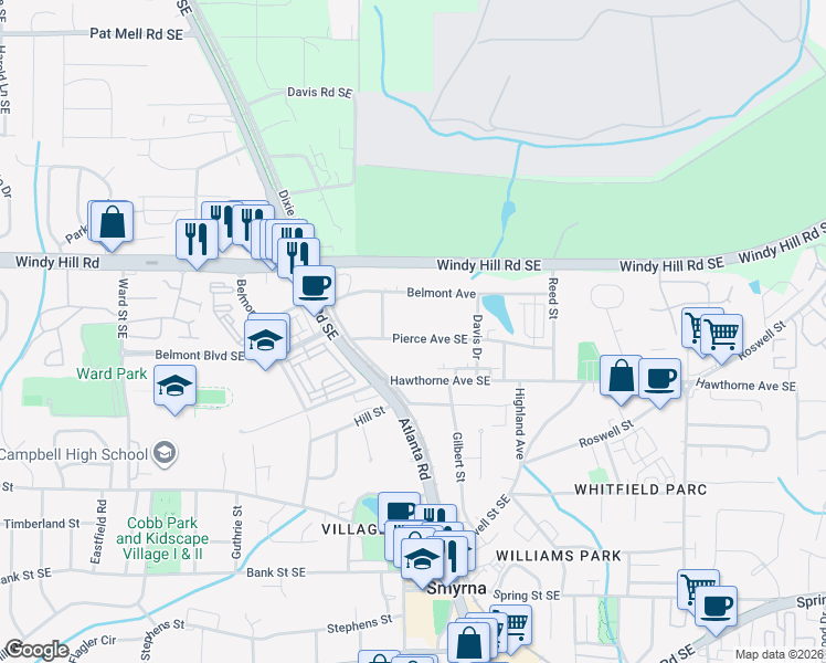 map of restaurants, bars, coffee shops, grocery stores, and more near 1277 Pierce Avenue Southeast in Smyrna