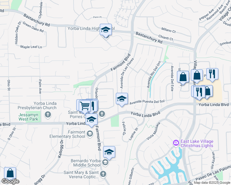 map of restaurants, bars, coffee shops, grocery stores, and more near 4772 Granada Drive in Yorba Linda