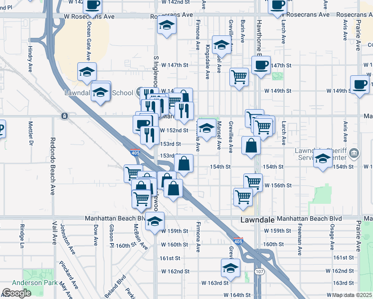 map of restaurants, bars, coffee shops, grocery stores, and more near 4628 1/2 153rd Street in Lawndale