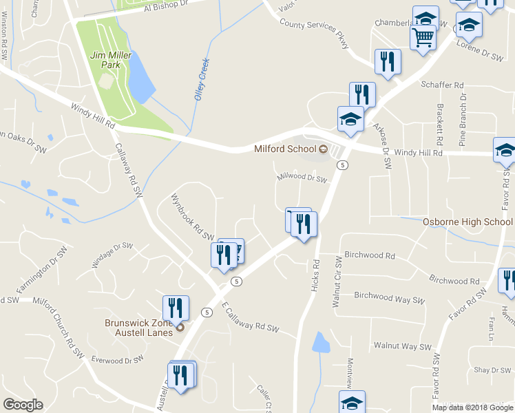 map of restaurants, bars, coffee shops, grocery stores, and more near 2495 Dorothy Drive Southwest in Marietta