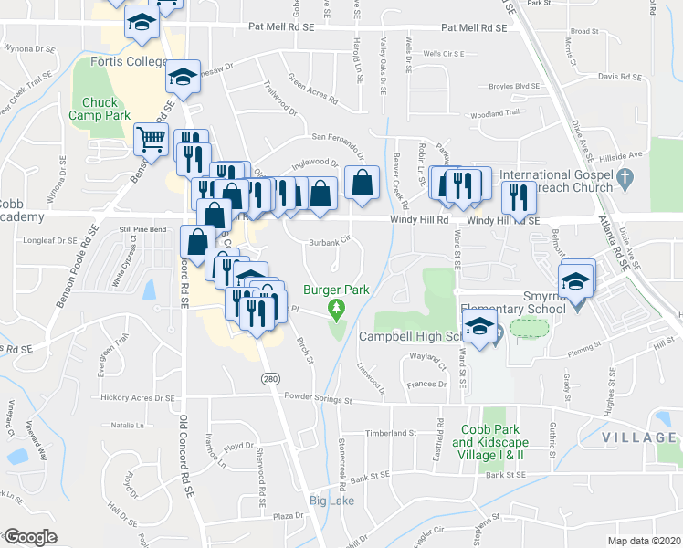map of restaurants, bars, coffee shops, grocery stores, and more near 2491 Pasadena Place in Smyrna