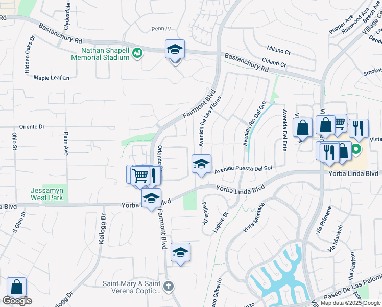 map of restaurants, bars, coffee shops, grocery stores, and more near 4772 Granada Drive in Yorba Linda