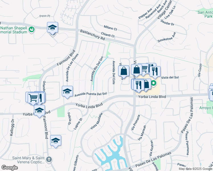 map of restaurants, bars, coffee shops, grocery stores, and more near 4681 Vía Loma Linda in Yorba Linda
