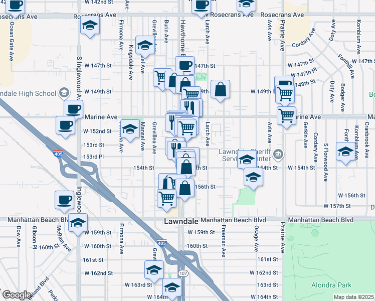 map of restaurants, bars, coffee shops, grocery stores, and more near in Lawndale