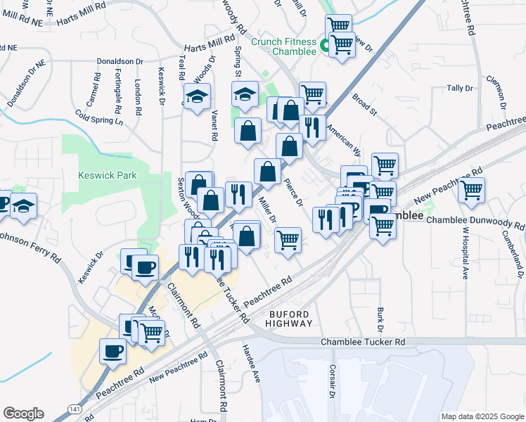map of restaurants, bars, coffee shops, grocery stores, and more near 3450 Miller Drive in Chamblee