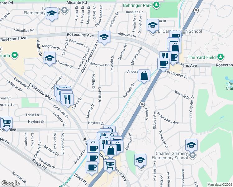 map of restaurants, bars, coffee shops, grocery stores, and more near 15794 Stanbrook Drive in La Mirada