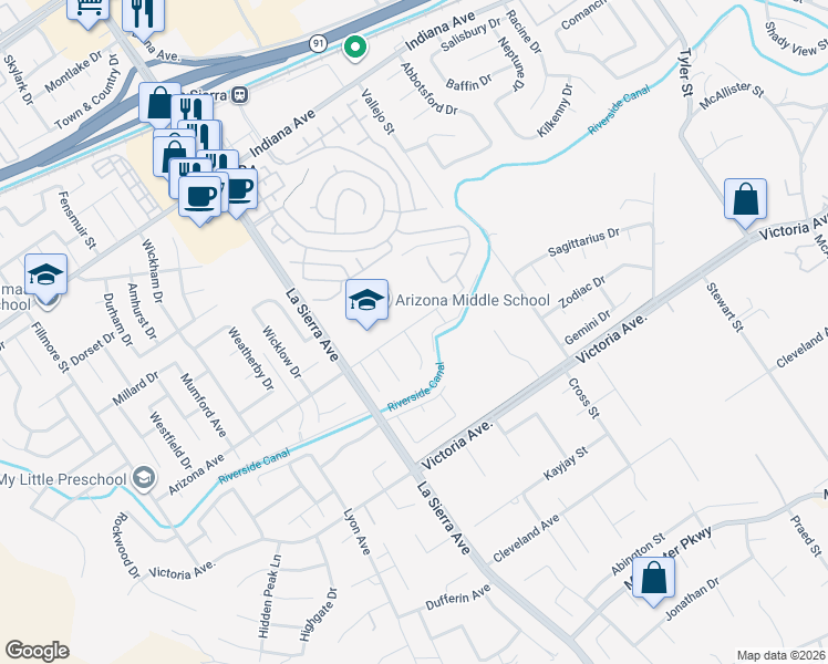 map of restaurants, bars, coffee shops, grocery stores, and more near 2995 Cody Court in Riverside
