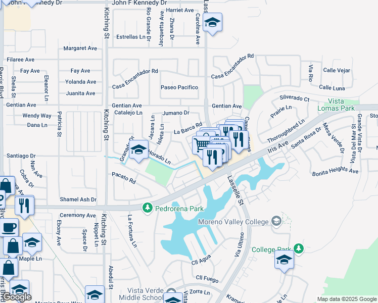 map of restaurants, bars, coffee shops, grocery stores, and more near 15657 Lasselle Street in Moreno Valley