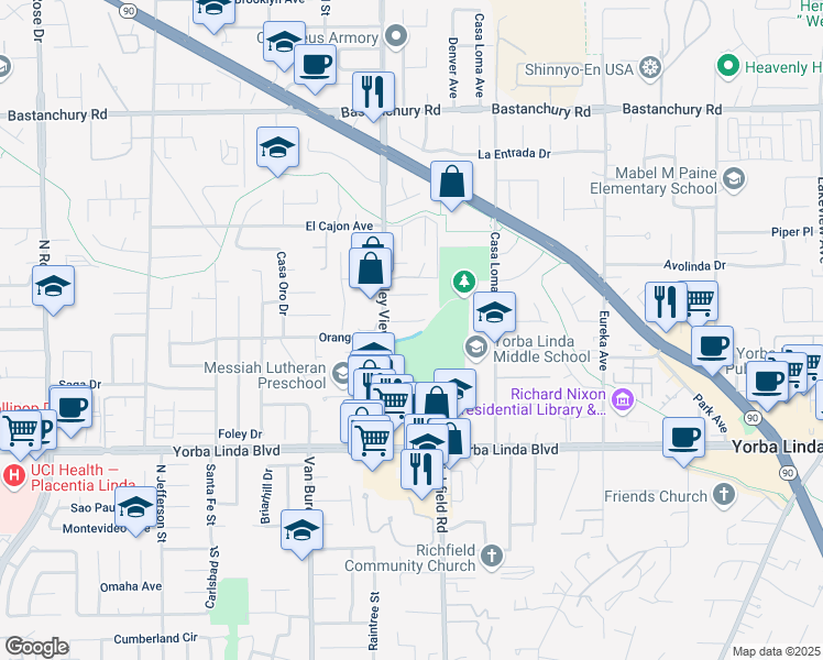 map of restaurants, bars, coffee shops, grocery stores, and more near 17550 Orange Terrace in Yorba Linda