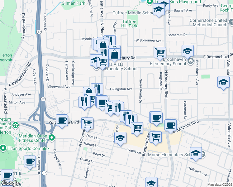 map of restaurants, bars, coffee shops, grocery stores, and more near 413 Armstrong Drive in Placentia