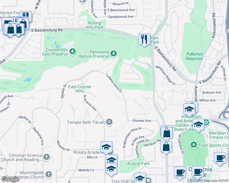 map of restaurants, bars, coffee shops, grocery stores, and more near 1813 Ladera Vista Place in Fullerton