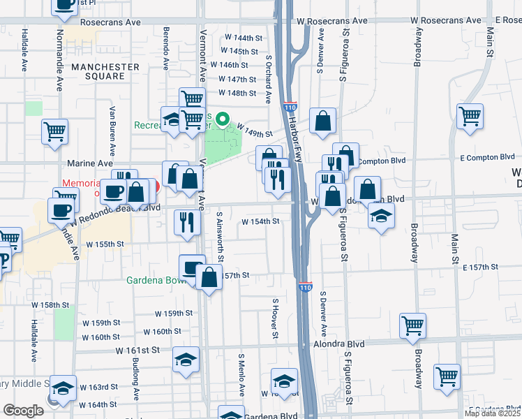 map of restaurants, bars, coffee shops, grocery stores, and more near 716 West Redondo Beach Boulevard in Gardena