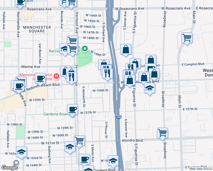 map of restaurants, bars, coffee shops, grocery stores, and more near 660 Redondo Beach Boulevard in Gardena