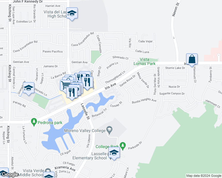 map of restaurants, bars, coffee shops, grocery stores, and more near 26319 Iris Avenue in Moreno Valley