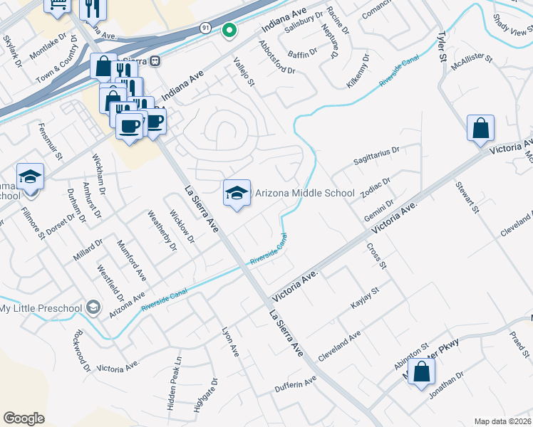 map of restaurants, bars, coffee shops, grocery stores, and more near 10950 Arizona Ave in Riverside