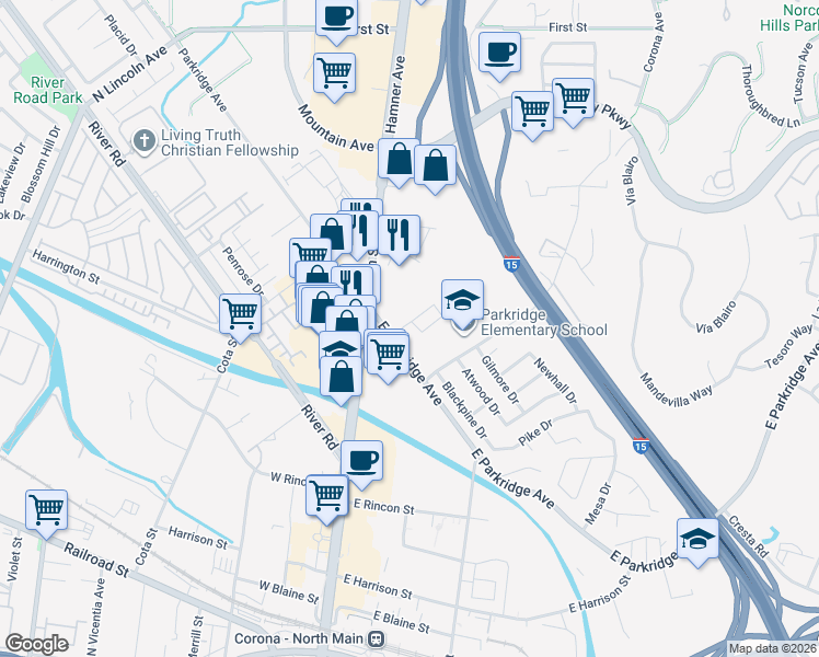 map of restaurants, bars, coffee shops, grocery stores, and more near 813 North Main Street in Corona
