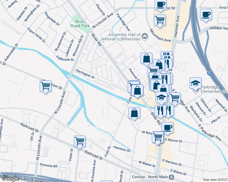 map of restaurants, bars, coffee shops, grocery stores, and more near 608 Harrington Street in Corona