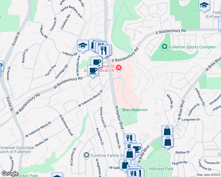 map of restaurants, bars, coffee shops, grocery stores, and more near 1807 Cristine Place in Fullerton