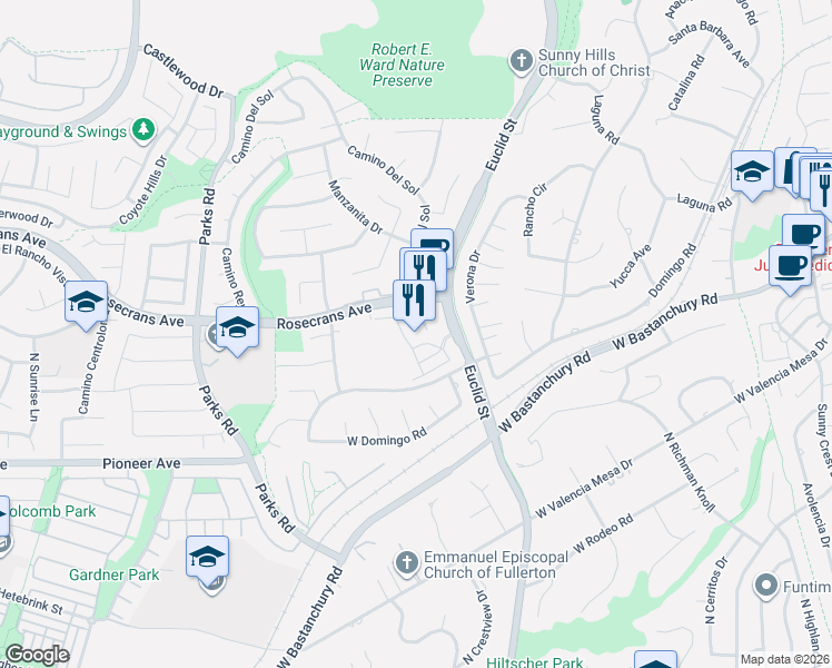 map of restaurants, bars, coffee shops, grocery stores, and more near 1901 North Euclid Street in Fullerton