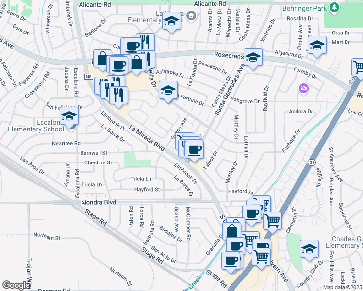 map of restaurants, bars, coffee shops, grocery stores, and more near 15317 Santa Gertrudes Avenue in La Mirada