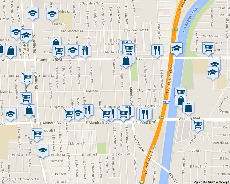 map of restaurants, bars, coffee shops, grocery stores, and more near 15427 South White Avenue in Compton