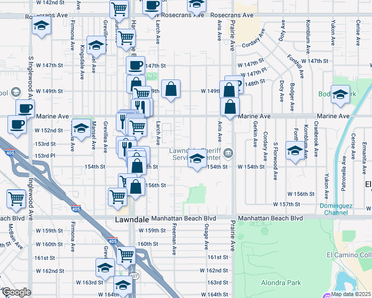 map of restaurants, bars, coffee shops, grocery stores, and more near 15236 Freeman Avenue in Lawndale