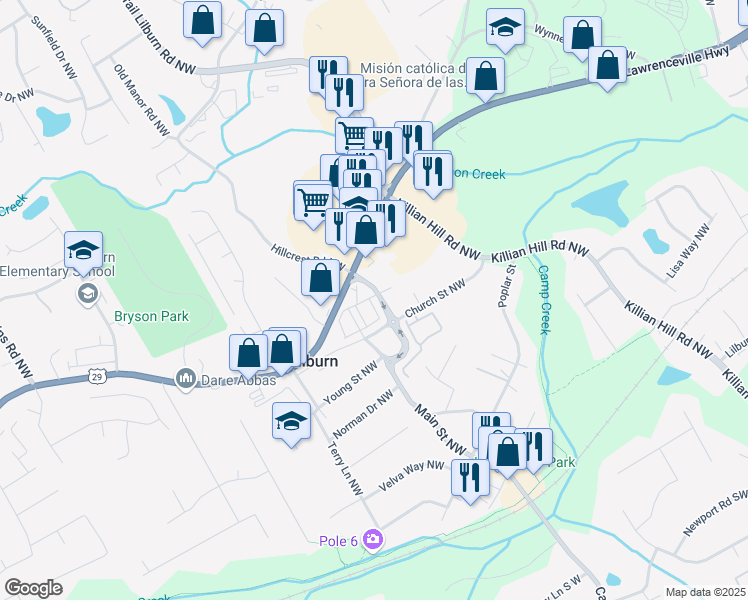 map of restaurants, bars, coffee shops, grocery stores, and more near 346 Main Street Northwest in Lilburn
