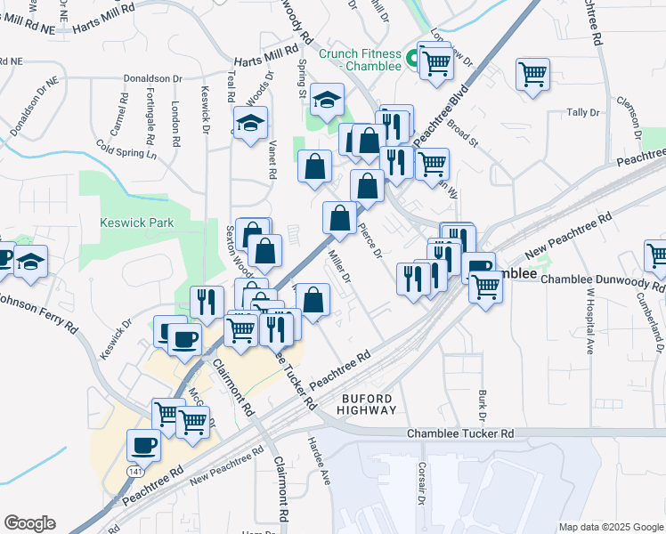 map of restaurants, bars, coffee shops, grocery stores, and more near 3450 Miller Drive in Chamblee