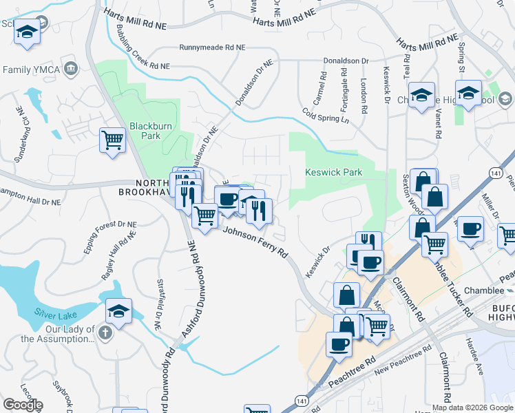 map of restaurants, bars, coffee shops, grocery stores, and more near 3633 Brookleigh Lane Northeast in Brookhaven