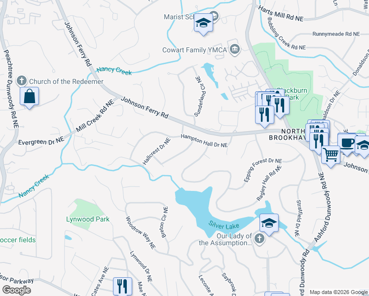 map of restaurants, bars, coffee shops, grocery stores, and more near 3432 Wynnton Drive Northeast in Atlanta
