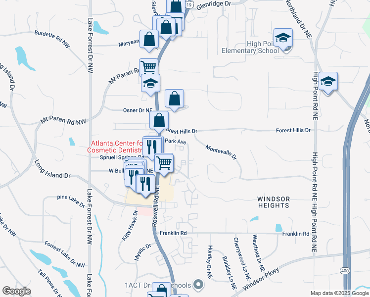 map of restaurants, bars, coffee shops, grocery stores, and more near 6506 Park Avenue in Atlanta