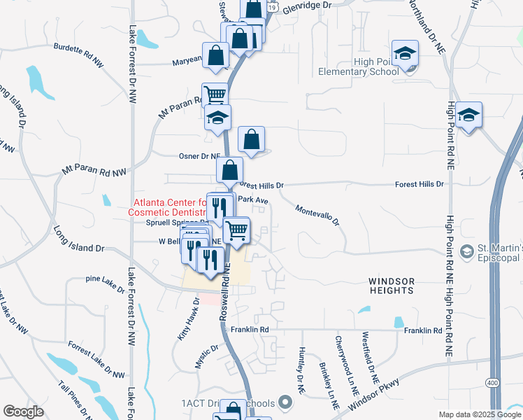 map of restaurants, bars, coffee shops, grocery stores, and more near 6001 Park Avenue in Atlanta