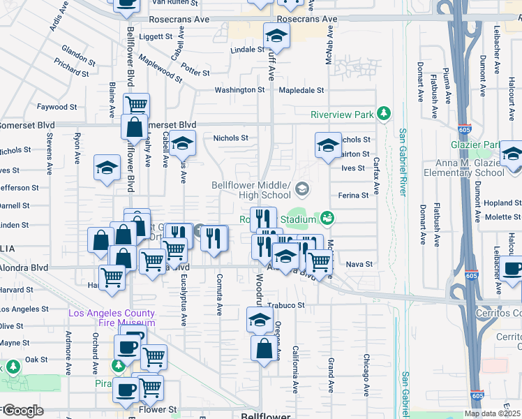 map of restaurants, bars, coffee shops, grocery stores, and more near 15524 Woodruff Avenue in Bellflower