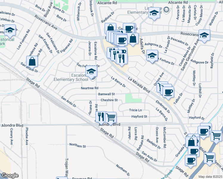 map of restaurants, bars, coffee shops, grocery stores, and more near 15062 Neartree Road in La Mirada