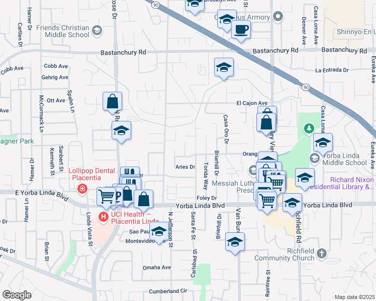 map of restaurants, bars, coffee shops, grocery stores, and more near 4732 Tucana Street in Yorba Linda