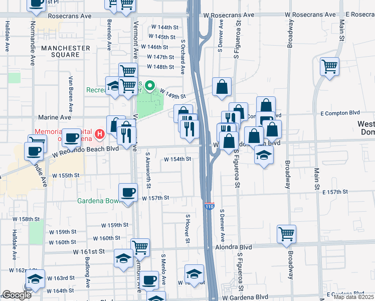 map of restaurants, bars, coffee shops, grocery stores, and more near 660 West Redondo Beach Boulevard in Gardena