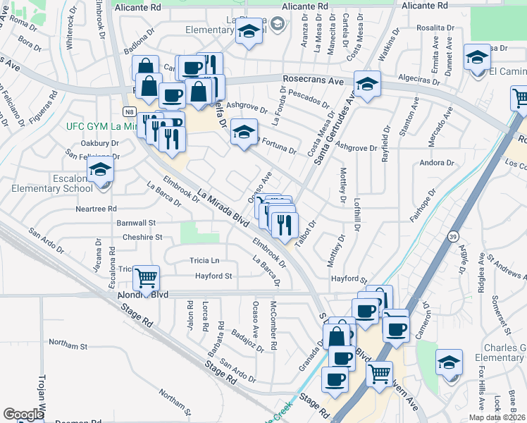map of restaurants, bars, coffee shops, grocery stores, and more near 15300 Ocaso Avenue in La Mirada