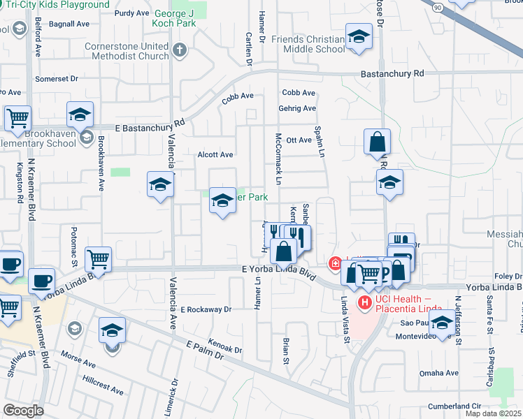 map of restaurants, bars, coffee shops, grocery stores, and more near 4791 Hamer Drive in Placentia