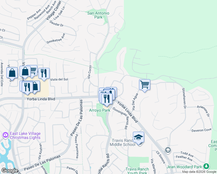 map of restaurants, bars, coffee shops, grocery stores, and more near 21165 Vía Teodocio in Yorba Linda