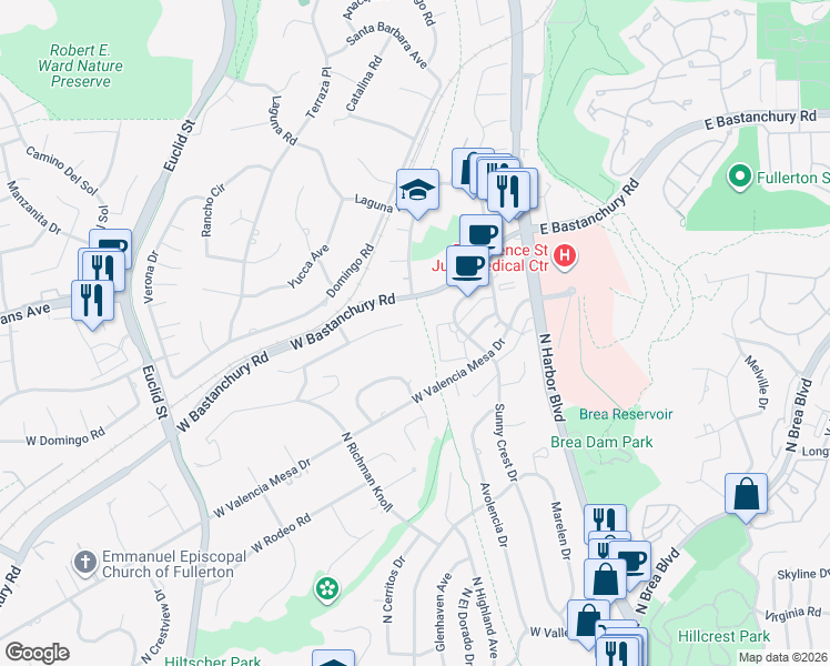 map of restaurants, bars, coffee shops, grocery stores, and more near 500 Green Acre Drive in Fullerton