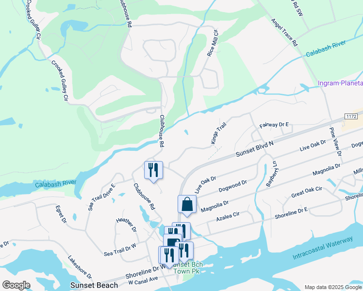 map of restaurants, bars, coffee shops, grocery stores, and more near 219 Kings Trail in Sunset Beach