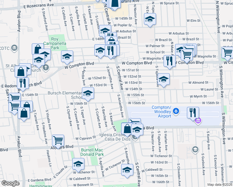 map of restaurants, bars, coffee shops, grocery stores, and more near 401 South Amantha Avenue in Compton