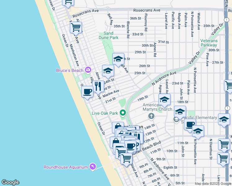 map of restaurants, bars, coffee shops, grocery stores, and more near 448 Marine Avenue in Manhattan Beach
