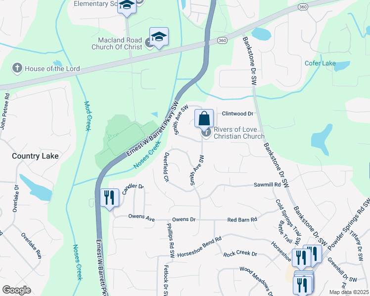 map of restaurants, bars, coffee shops, grocery stores, and more near 2673 Deerfield Circle in Marietta